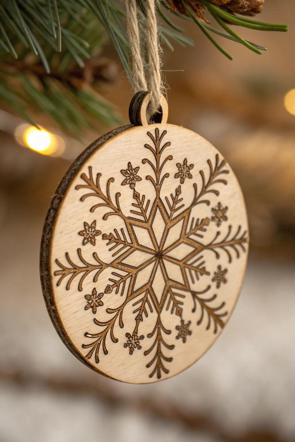 Capture the seasons with the art of pyrography: a snowflake ornament that embodies the beauty of craftsmanship.
