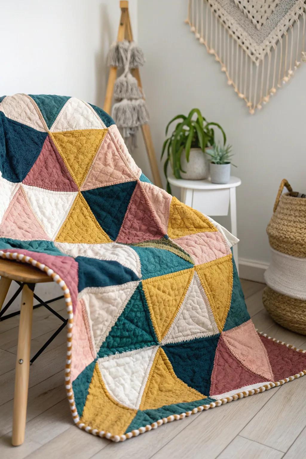 Elevate your space with the modern elegance of triangle patterns in bold colors. #Craftsmanship #QuiltLove