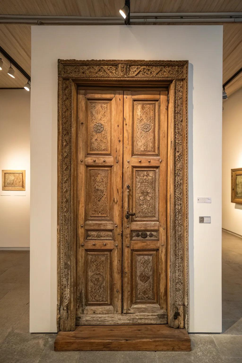 Transform timeless charm into art: Give an old door a new life as a captivating wall display.