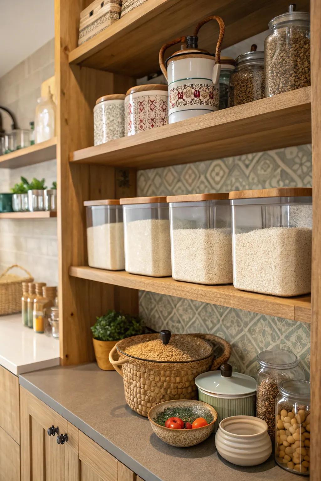 Integrated shelving provides a cohesive and organized appearance.