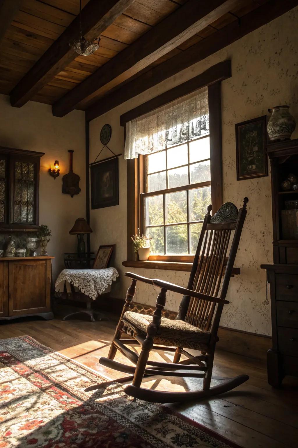 A vintage rocking chair adding charm to a rustic space.
