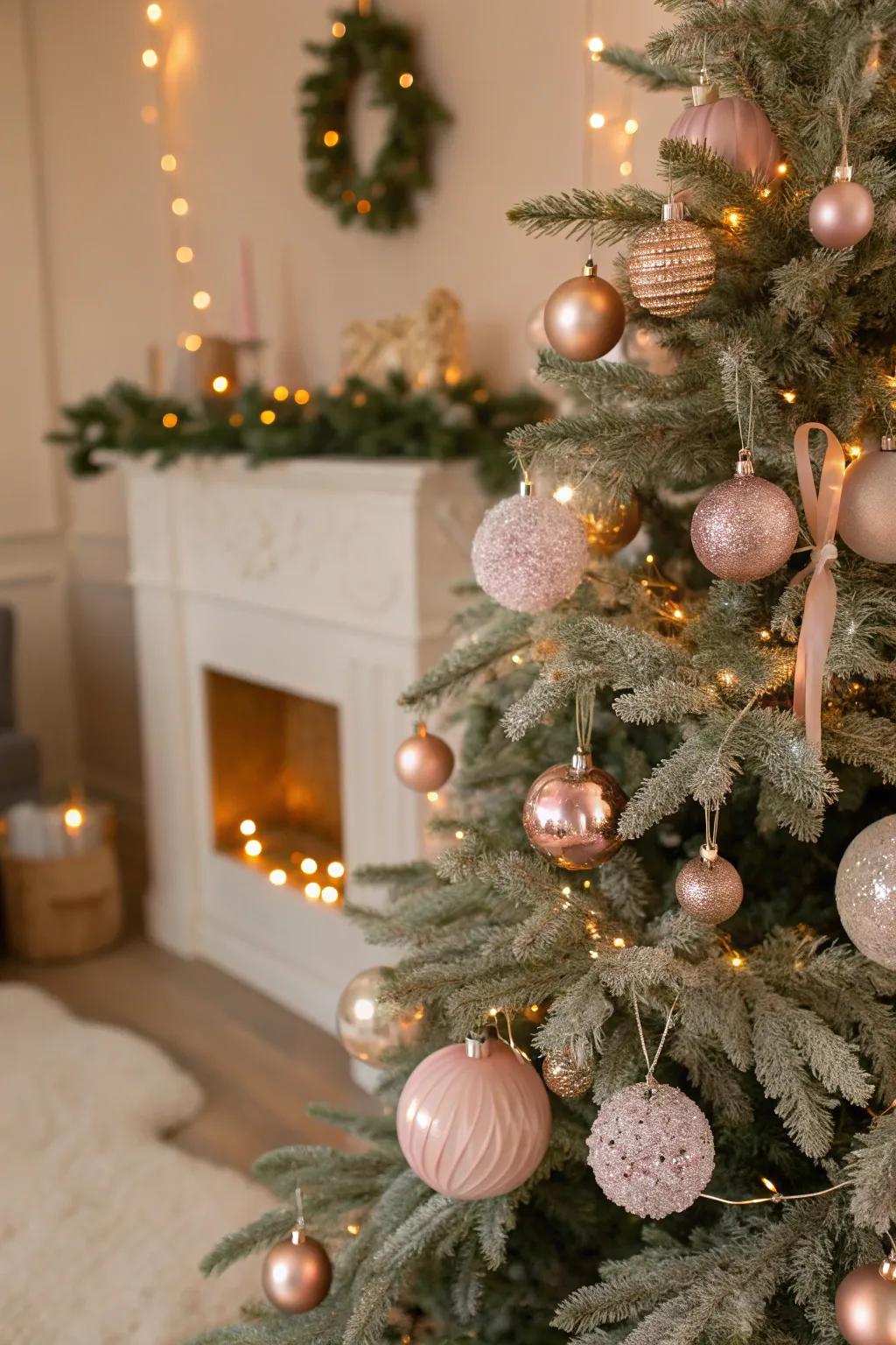 Pastel pink and rose gold ornaments create a soft, romantic tree decor.