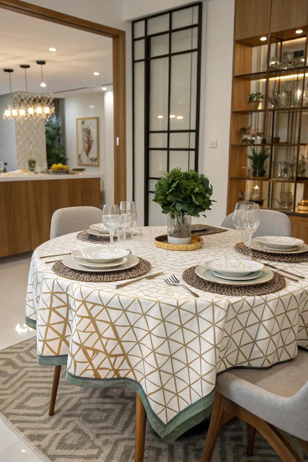Add a modern twist with geometric patterns on your tablecloth.