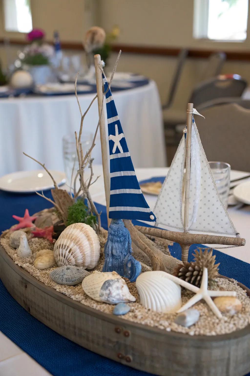 Seashells and royal blue accents bring a refreshing seaside vibe to the table.