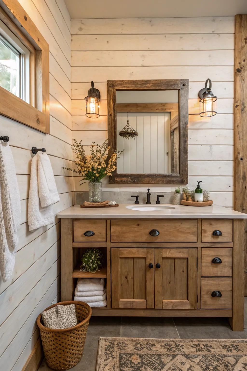A rustic bathroom with a shiplap wall behind the vanity.