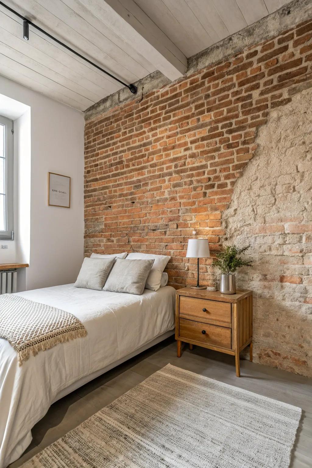 Minimalist design highlighting the natural beauty of the brick wall.