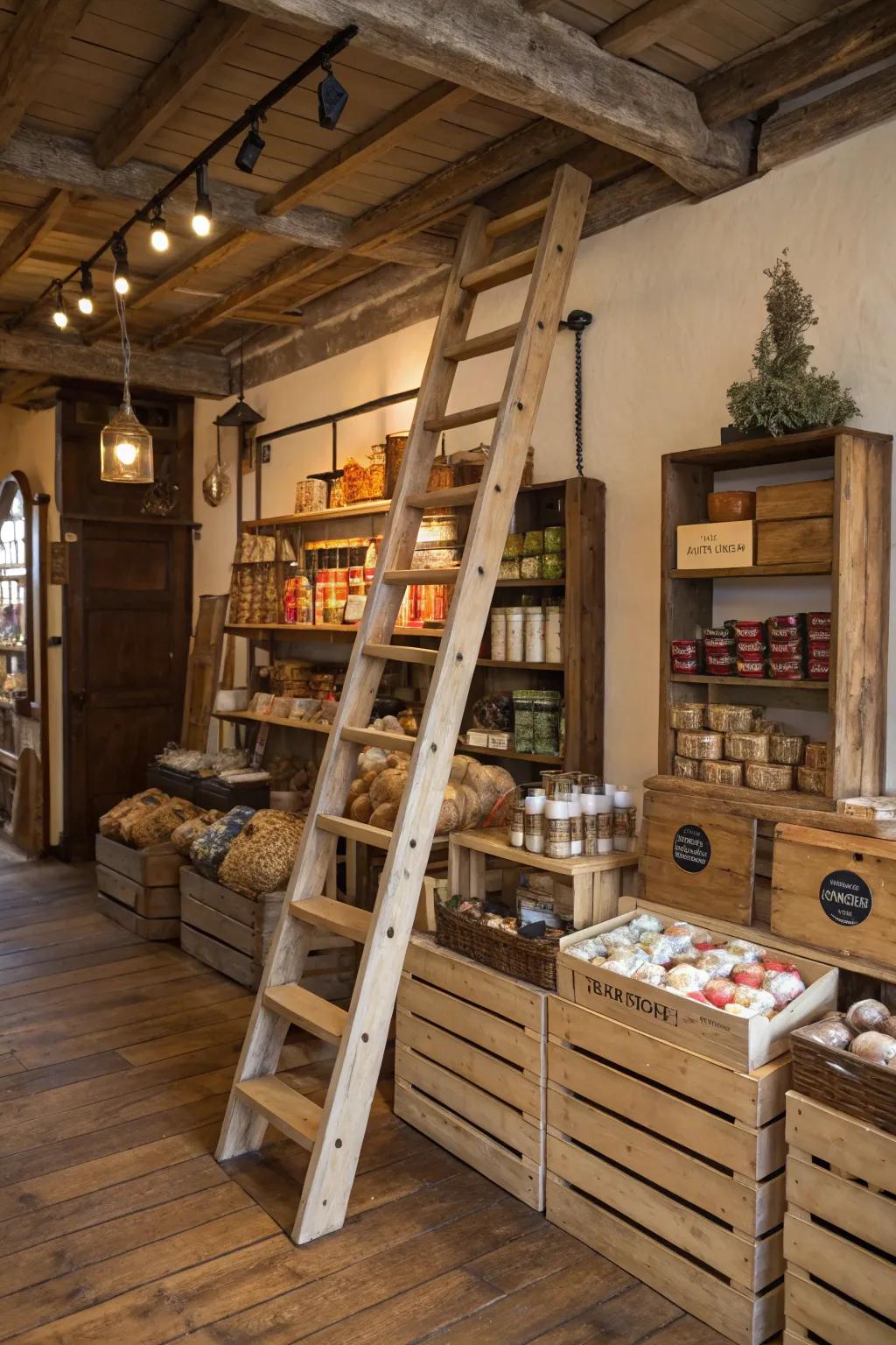 Unique display methods like ladder shelves add charm to this rustic shop.