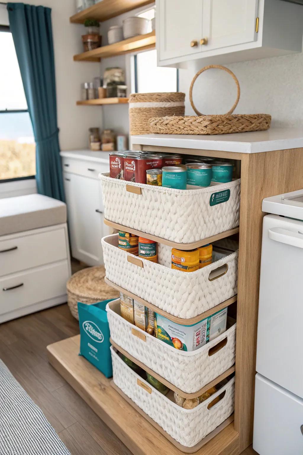 Maximize your RV kitchen's vertical space with stylish stackable bins for an organized and chic pantry!