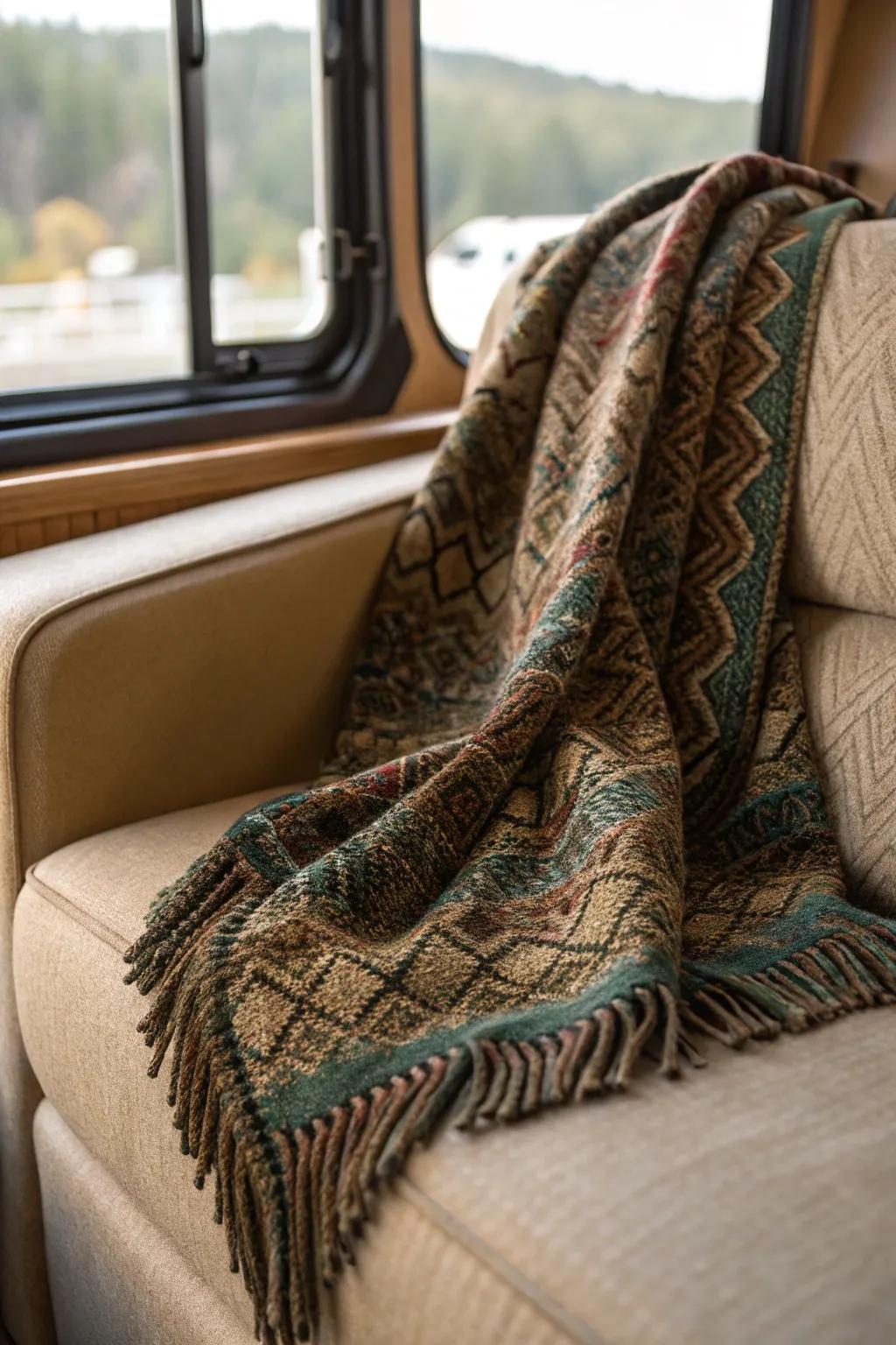 Elevate your RV's comfort and style with a touch of craftsmanship: the perfect textured throw blanket for those cozy nights on the road.