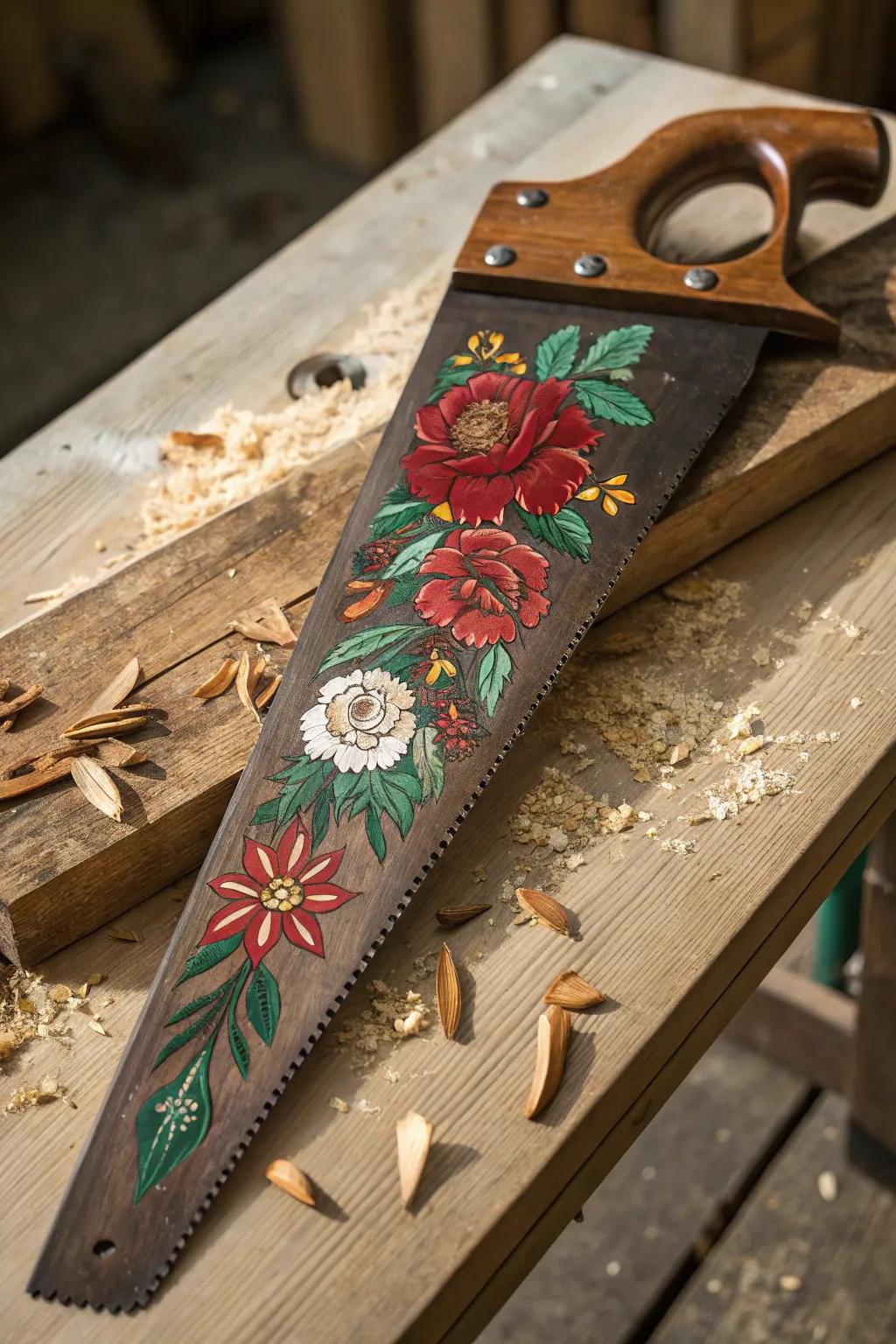 Transforming rugged tools into art: Discover the beauty of floral handsaw designs.