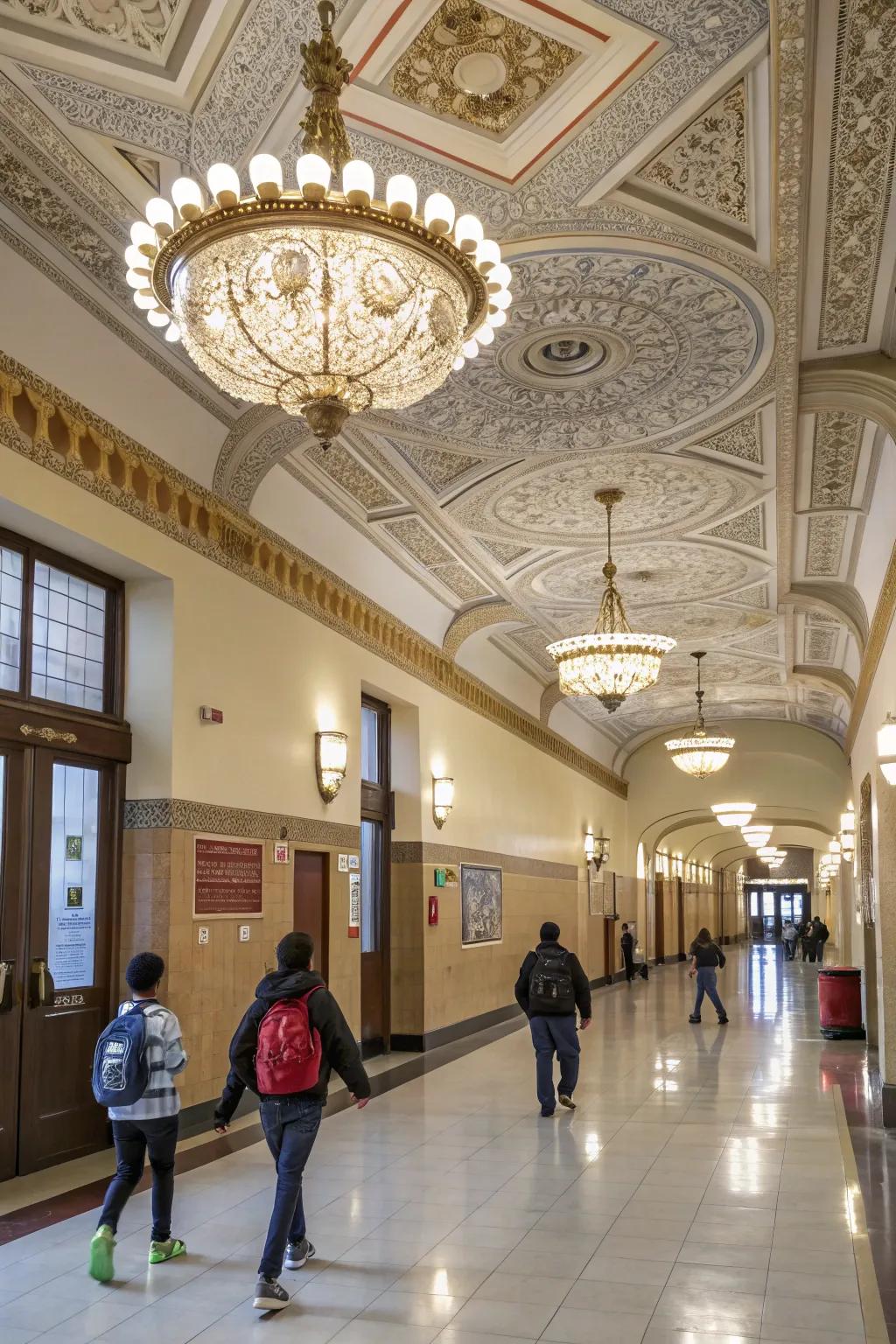 Artistic ceiling decorations in a school lobby, adding elegance and intrigue.