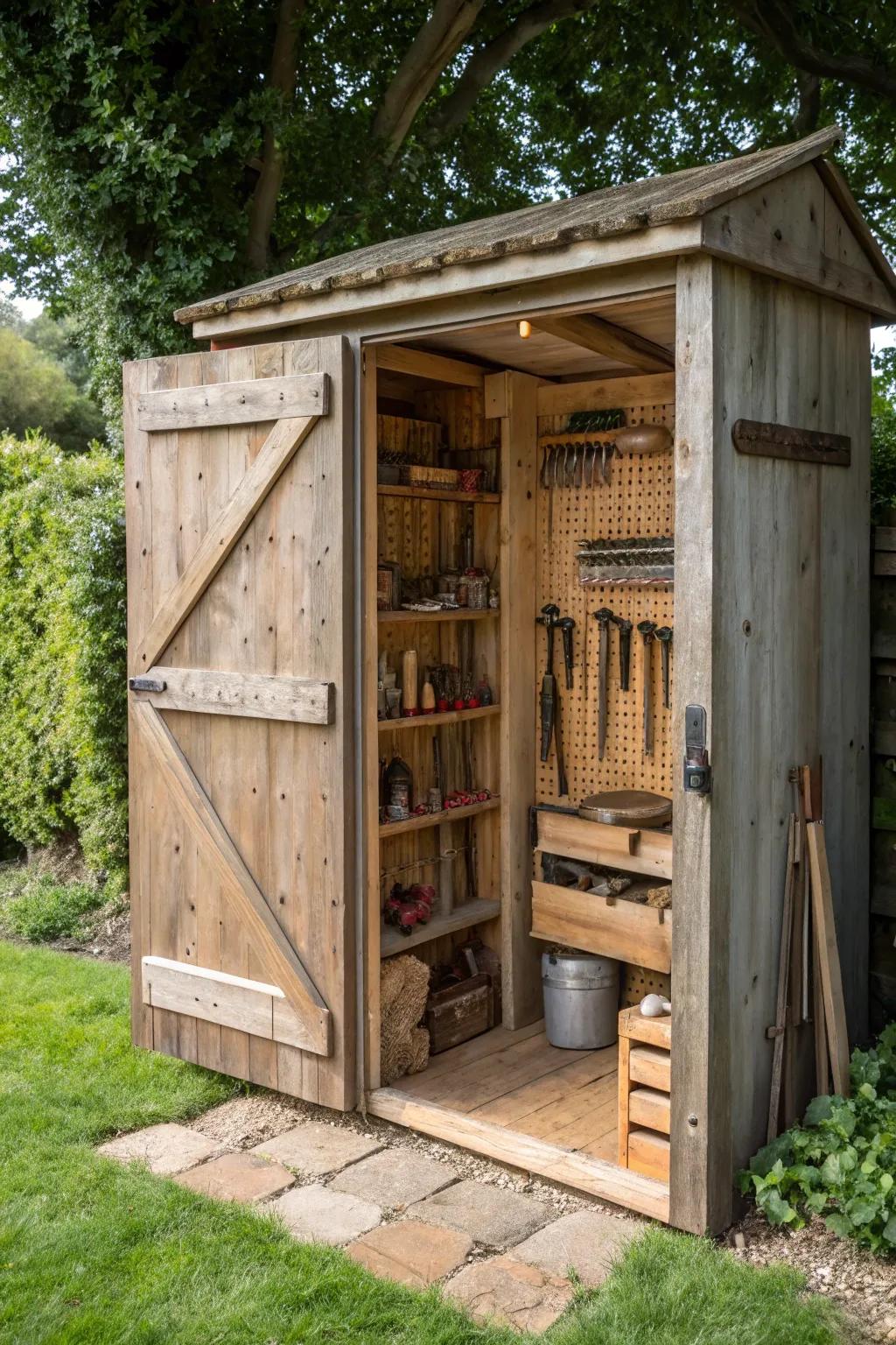 Discover the art of organization with this expertly crafted tool shed, where every tool has its place.