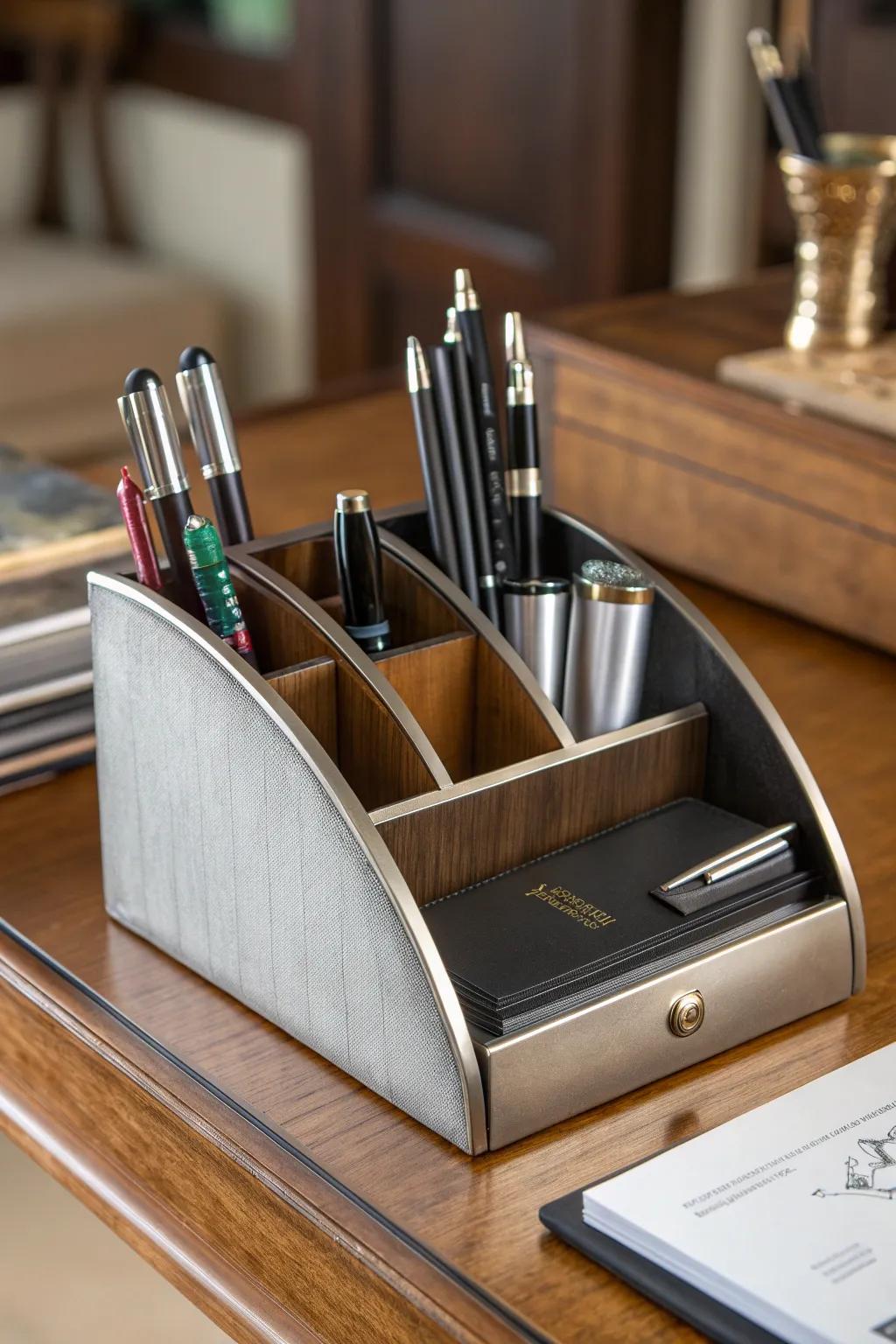 Elevate your workspace with this stunning metal organizer that marries art and functionality.