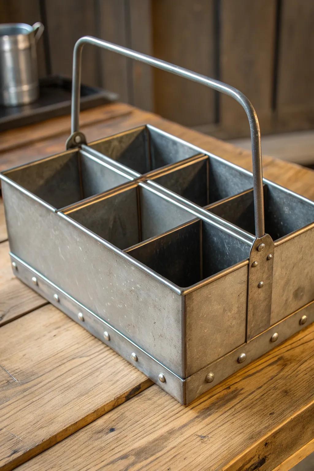 Elevate your DIY game with this expertly crafted metal caddy, perfect for organizing tools in style.