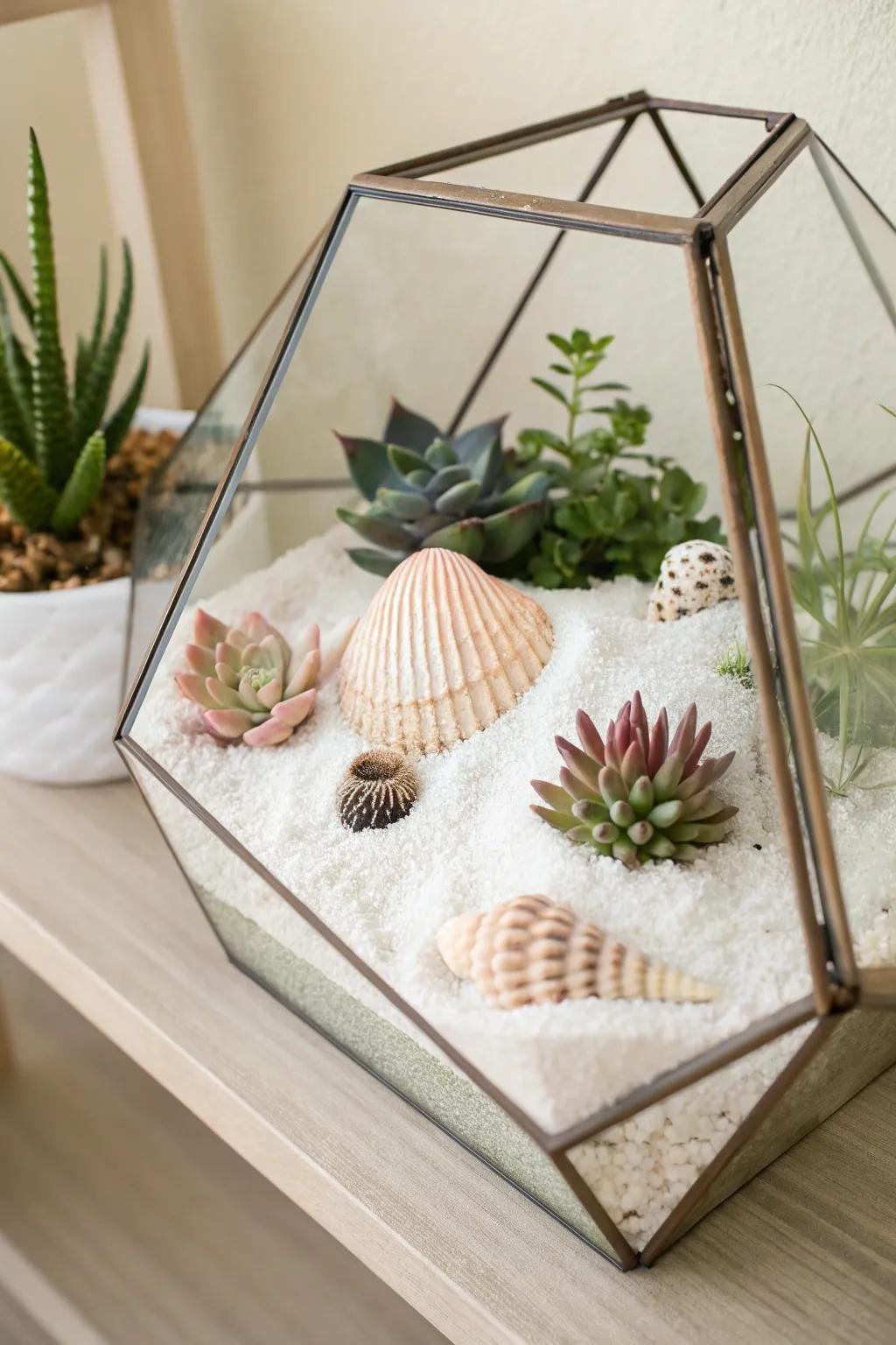 Bring the beach indoors with a stunning seashell terrarium. Perfect for adding a touch of coastal charm to any room!