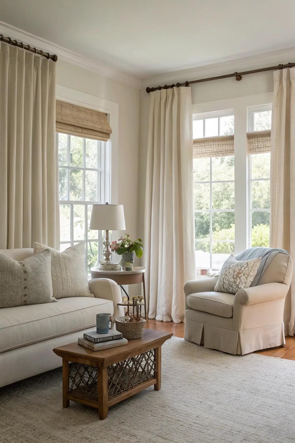 Neutral short curtains for a serene and adaptable look.