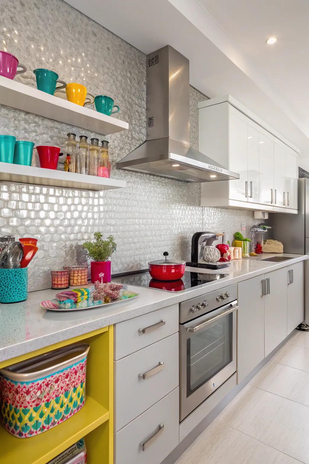 A kitchen featuring a silver backsplash with vibrant accent pieces adding personality.