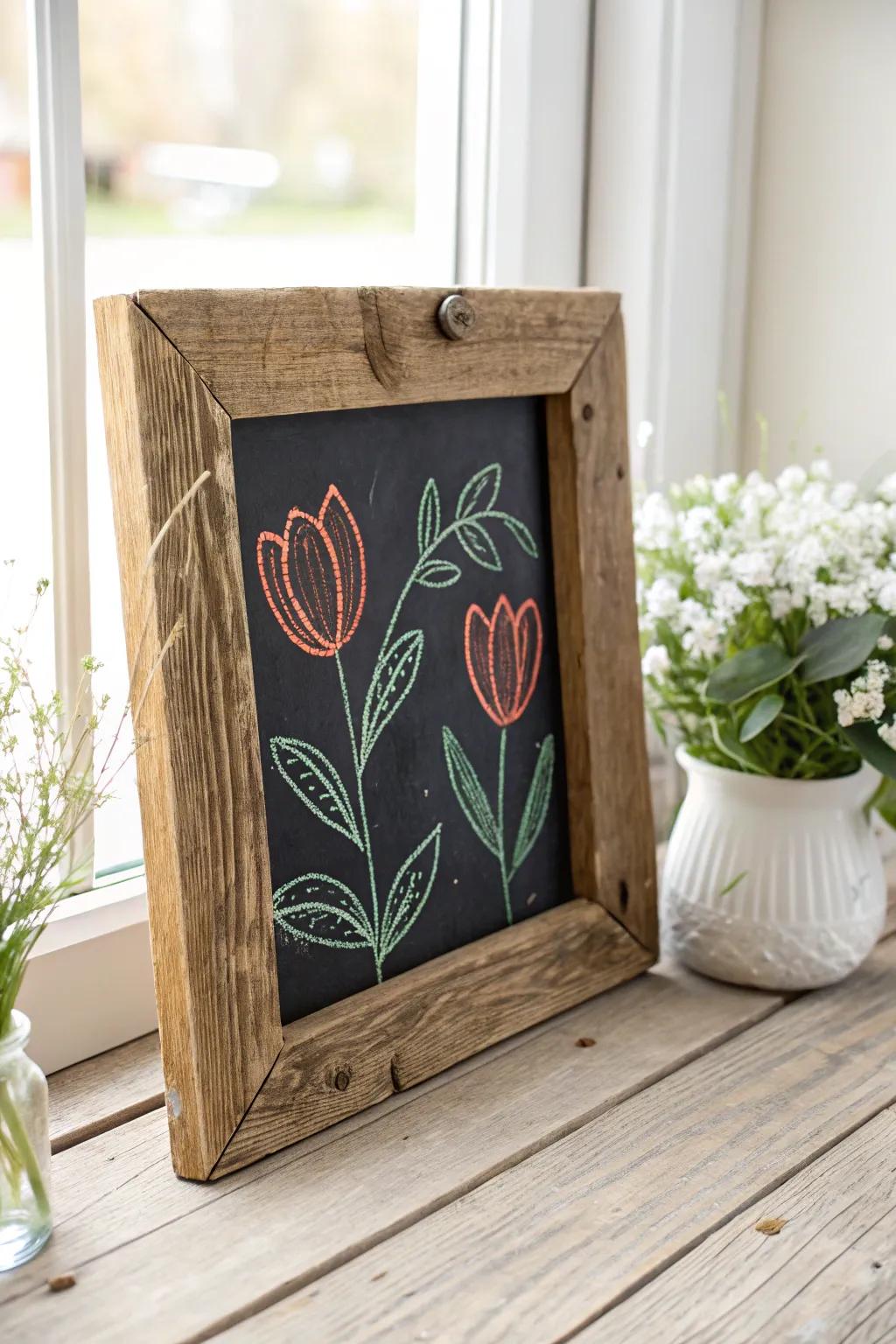 Elevate your spring chalk art with a rustic frame for a touch of warmth and natural elegance.