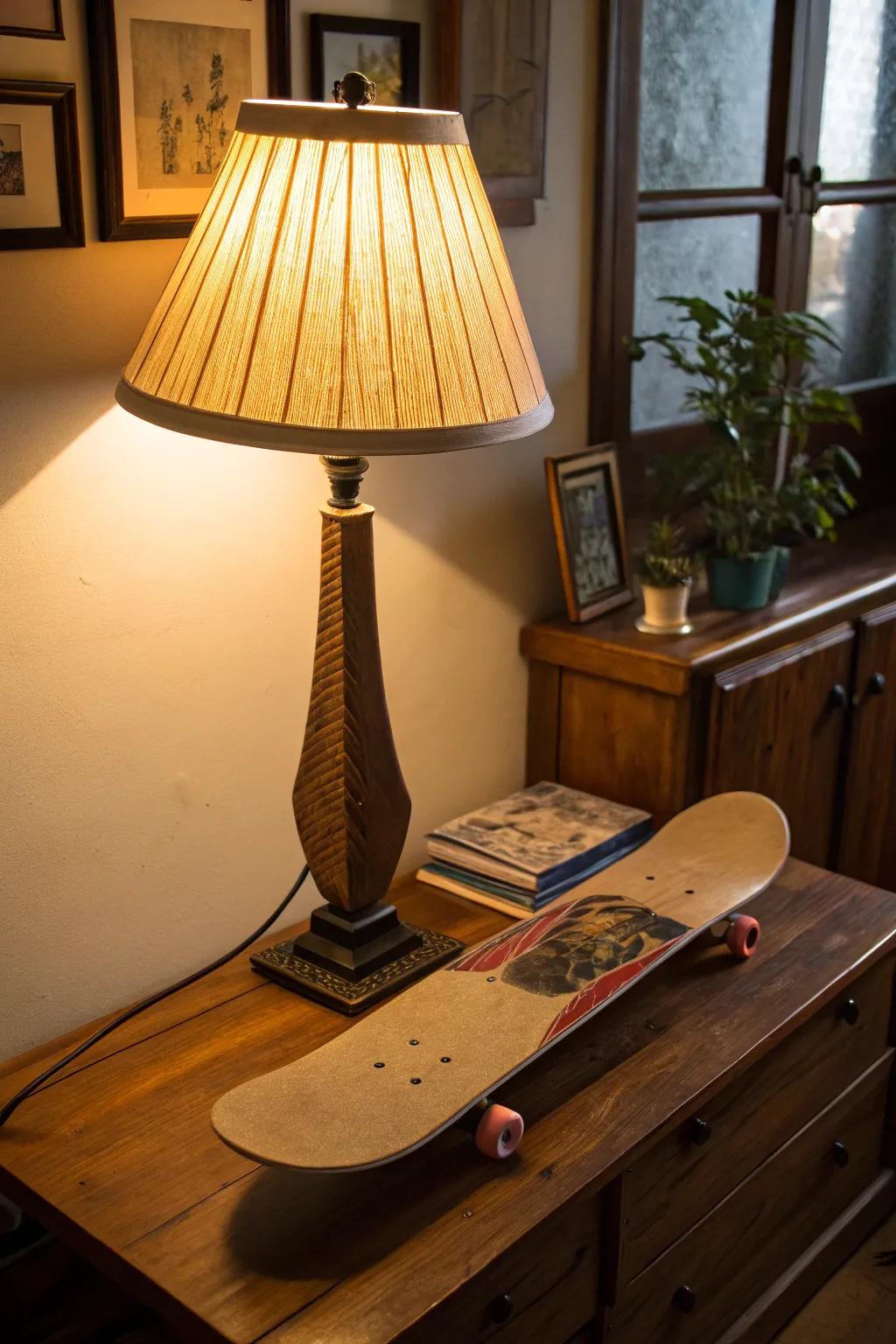 A lamp with a skateboard deck shade adding unique lighting.
