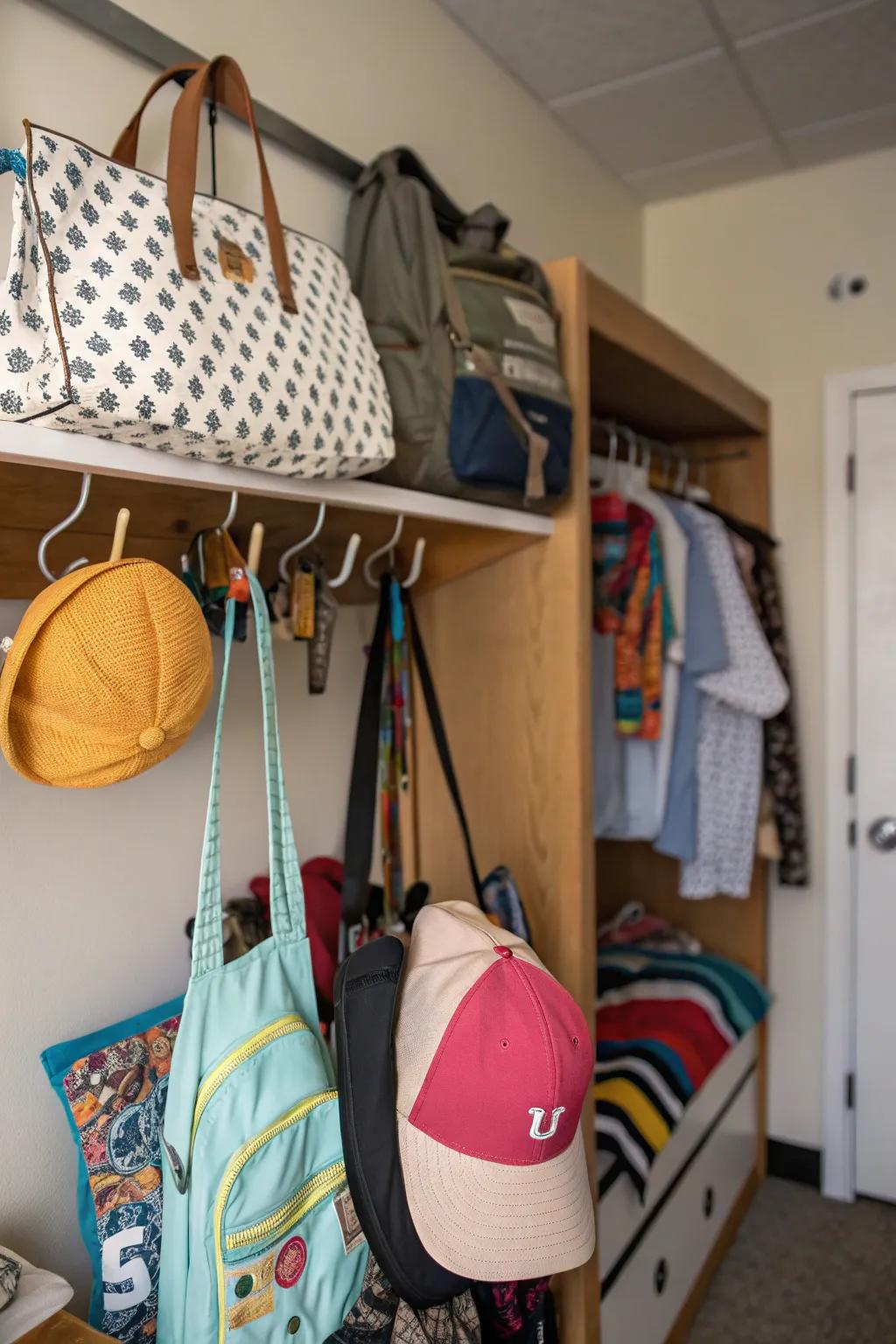 Hooks keep accessories like bags and hats organized and accessible.