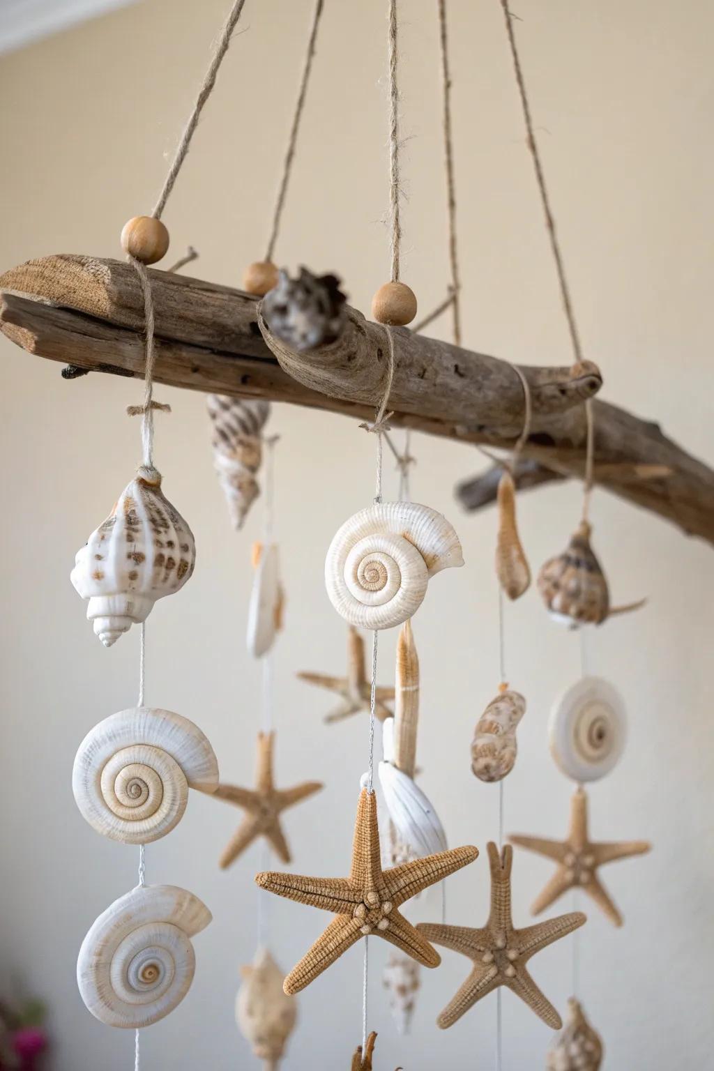 Embrace the ocean's artistry with this serene seaside mobile, a perfect blend of nature's treasures and minimalist elegance.