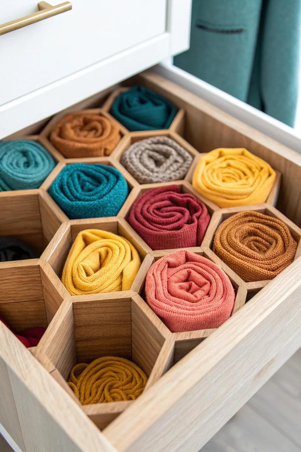 Transform your sock drawer into a chic beehive with honeycomb separators. #OrganizedElegance