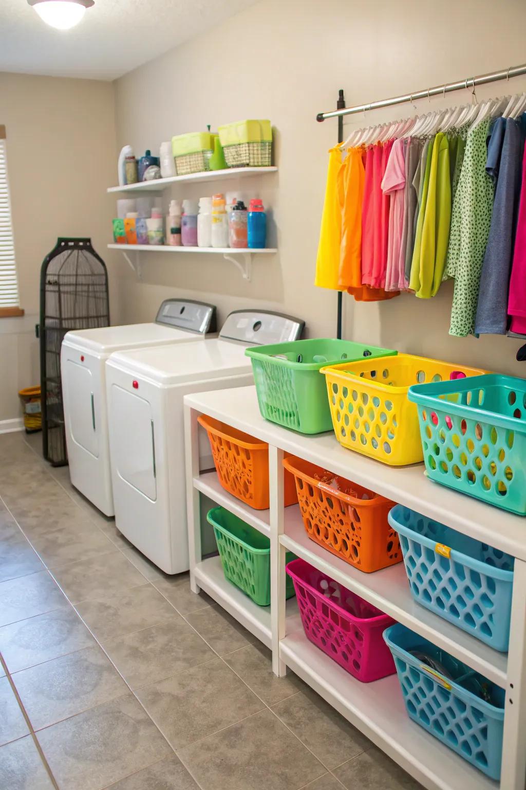 Organize with baskets and bins to simplify your laundry routine.