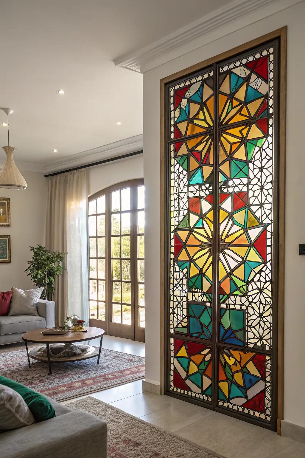 Colorful stained glass panel for a vibrant home.