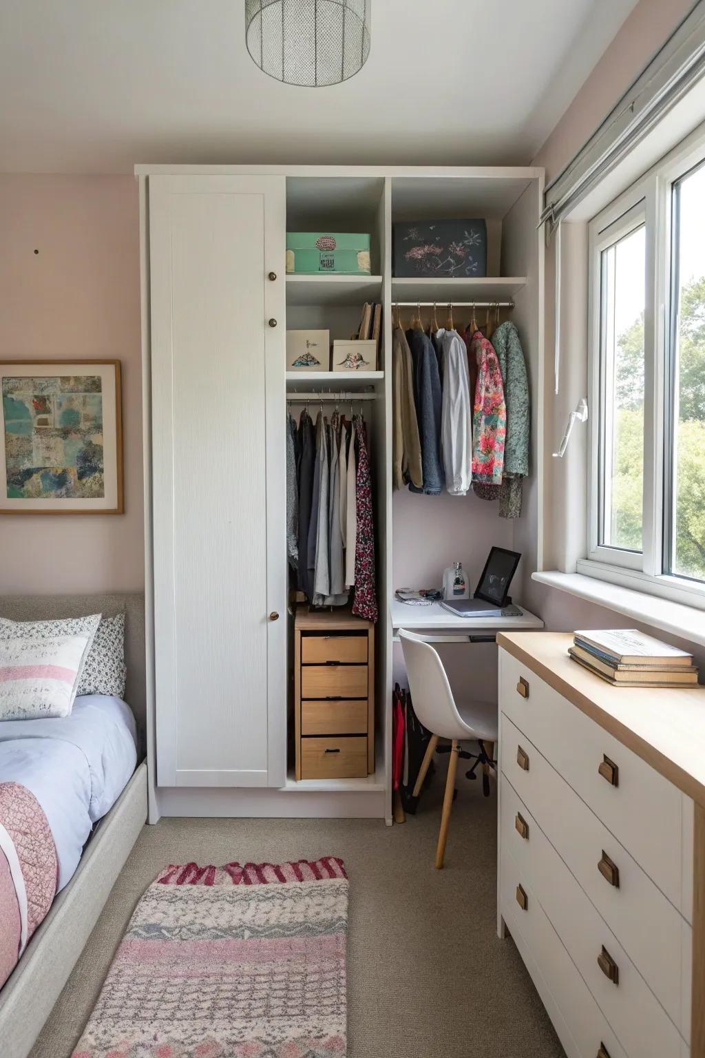 A compact wardrobe maximizes storage in minimal space.
