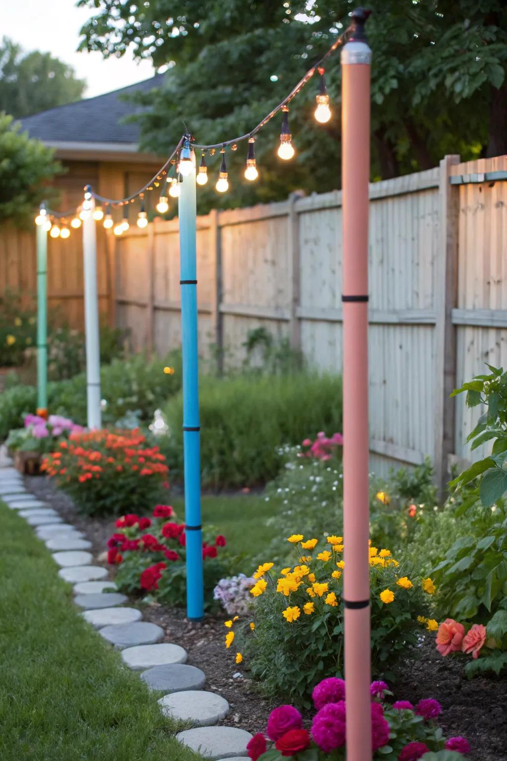 PVC poles offer a budget-friendly and creative way to hang string lights.
