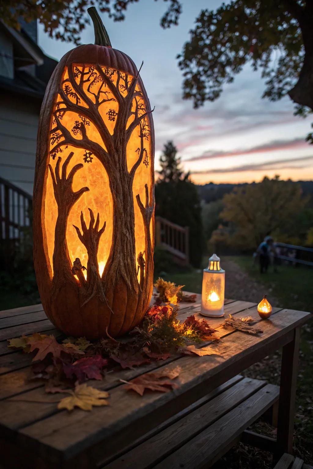 Masterful Carving: Hands Reaching from the Pumpkin's Glow