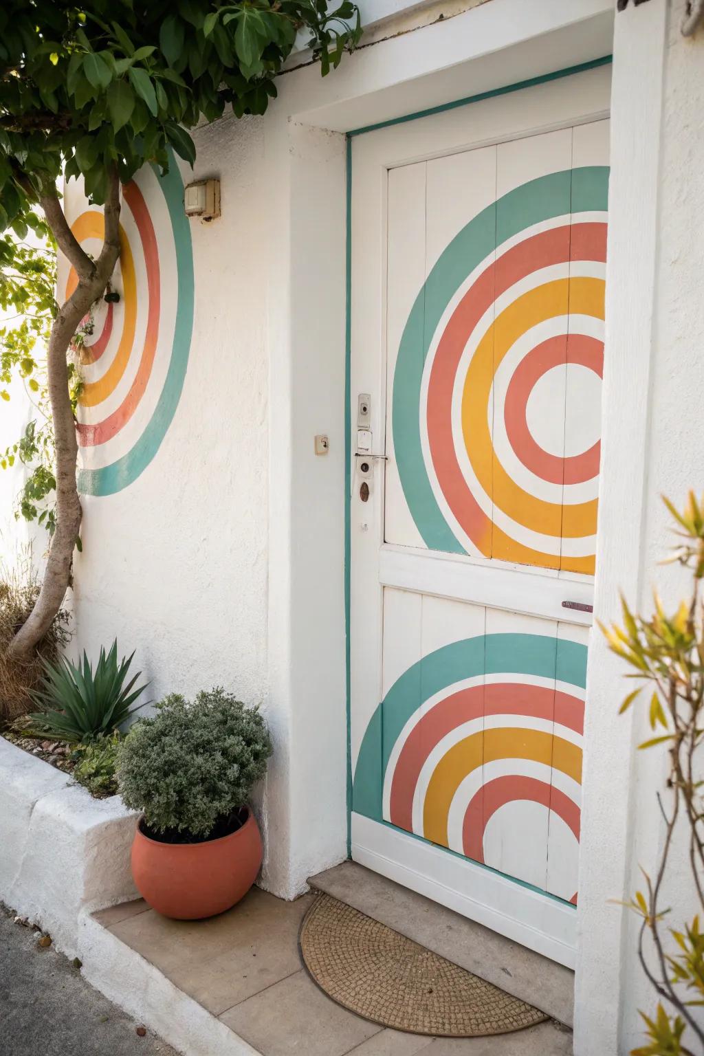 Elevate your space with a touch of creativity: a vibrant tape art door design that welcomes with style.