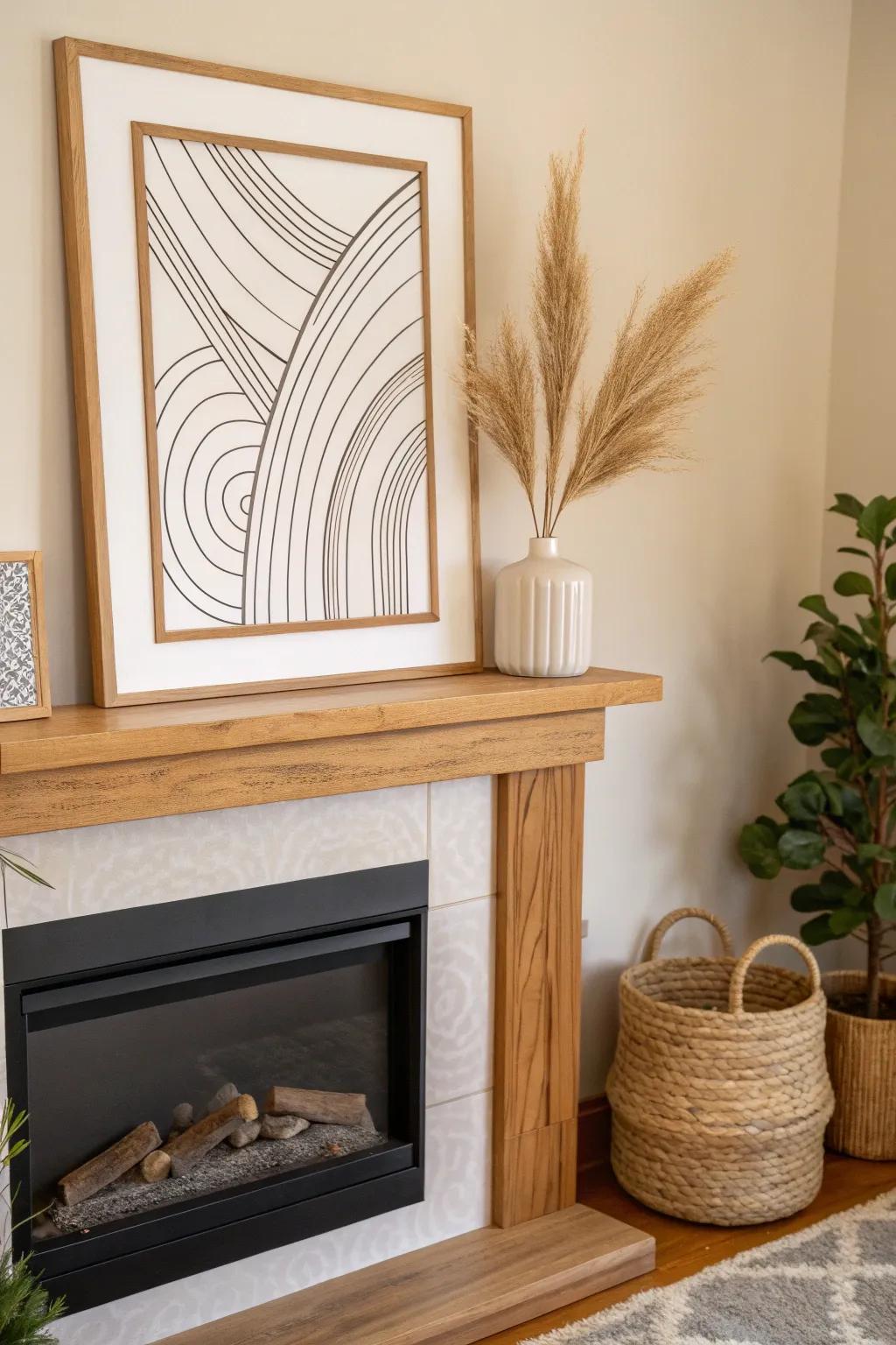 Elevate your space with minimalist line art: a touch of elegance above the fireplace.