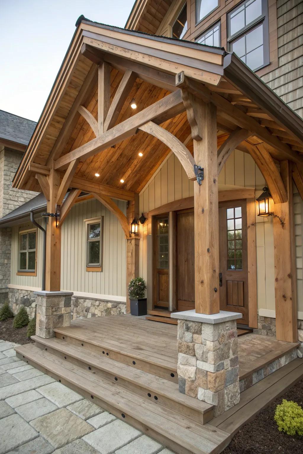 Transform your entrance with the timeless elegance of a handcrafted timber frame porch.