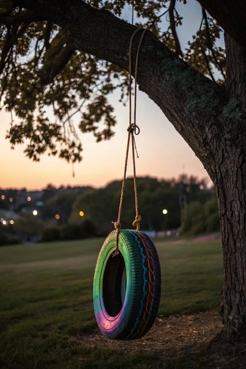 Illuminate your nights with a glow-in-the-dark tire swing: where craftsmanship meets fun!