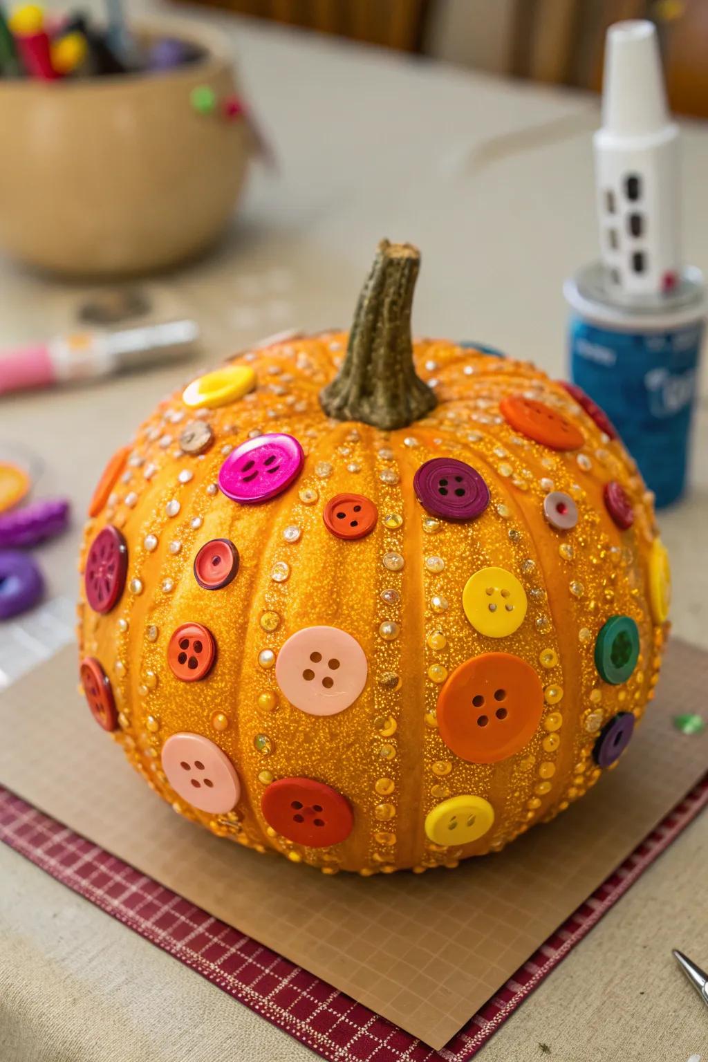 A sparkly pumpkin with glued decorations.