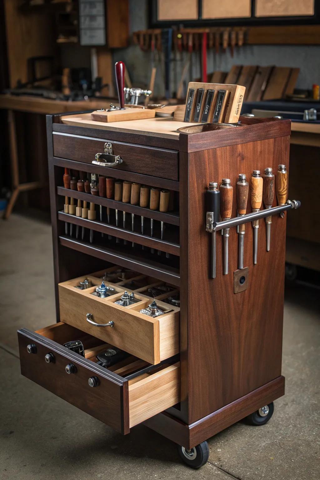 Elevate your workspace with the perfect blend of style and functionality: a handcrafted rolling tool cart.