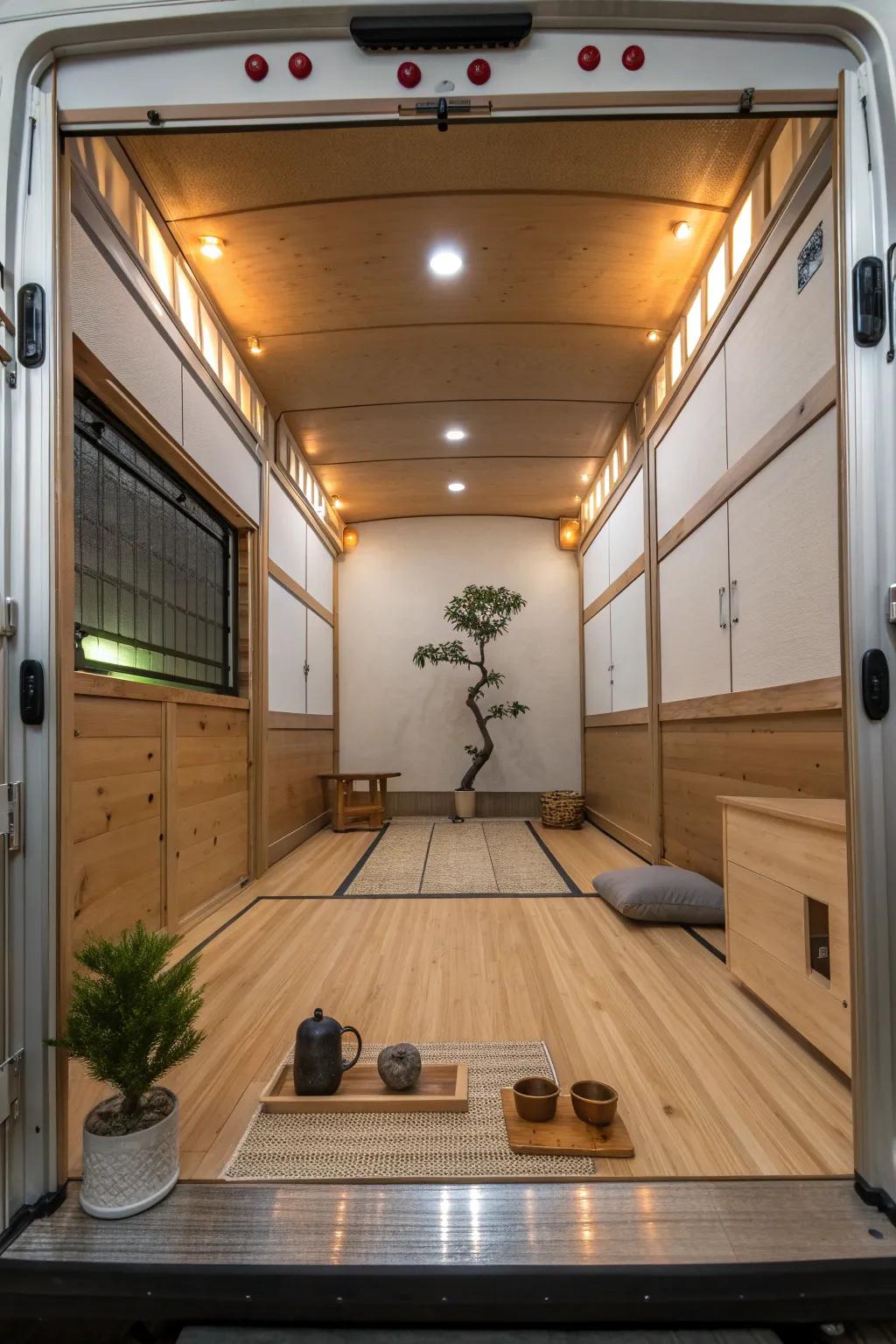 Transform your toy hauler garage into a serene meditation sanctuary, where craftsmanship meets tranquility.