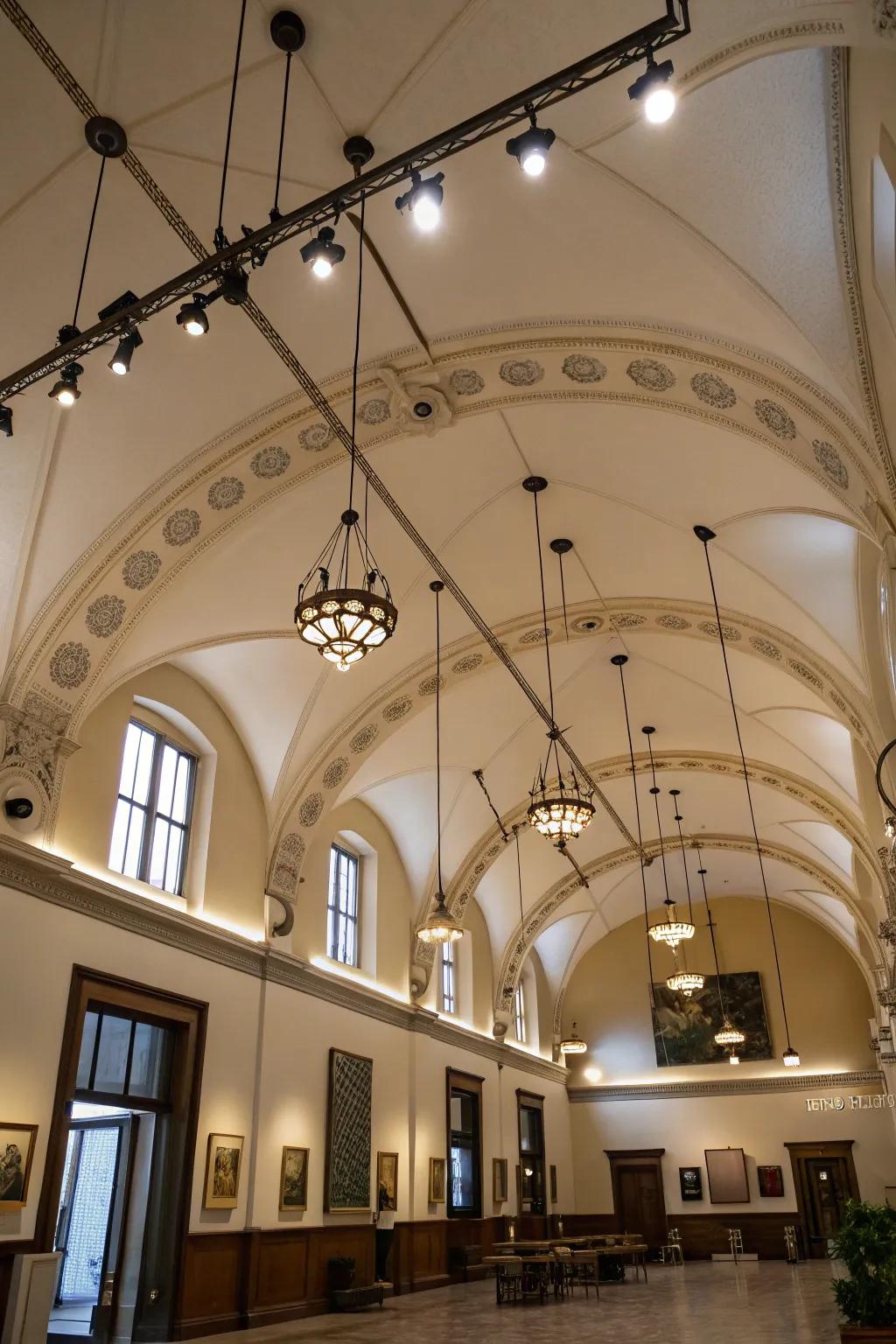 Creative track lighting with pendant features adds an artistic touch to any room.