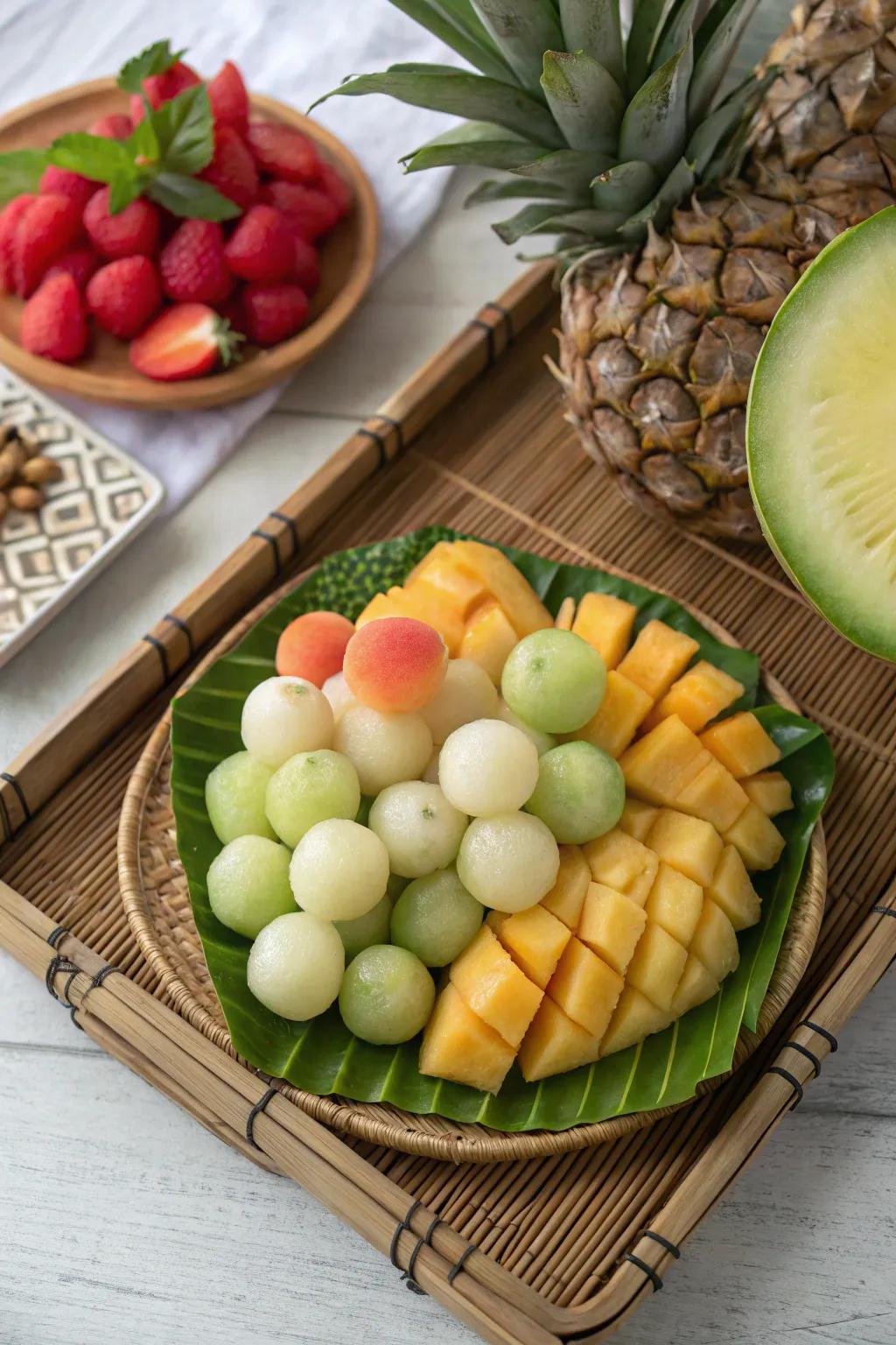 Melon balls bring a playful and rounded look to this tropical spread.