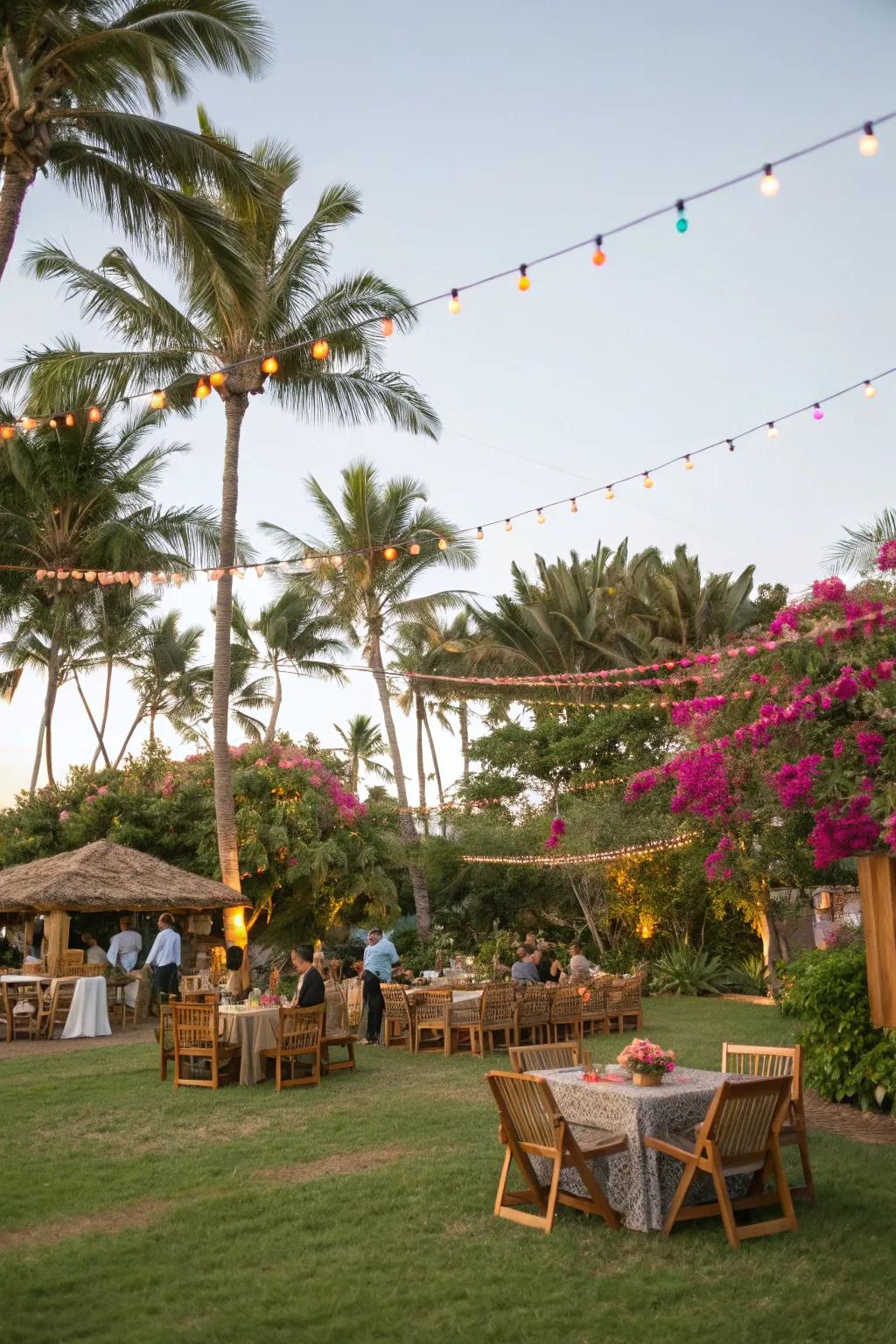 An outdoor tropical setting with natural elements and wooden accents.