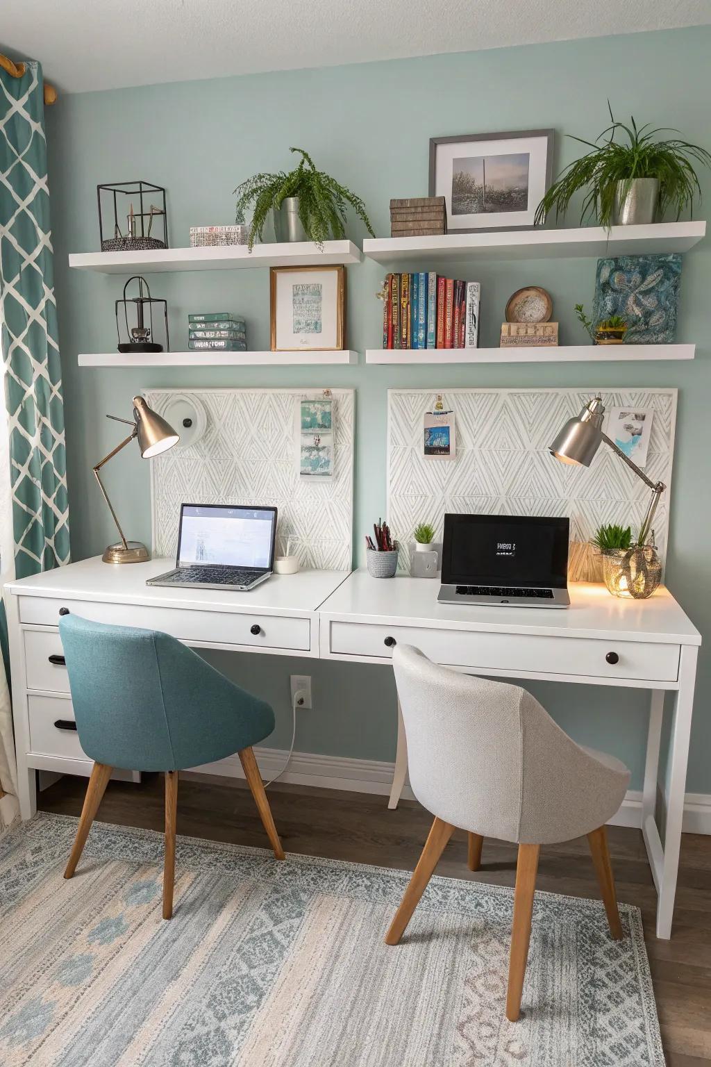 Unified design with personalized his and hers desks.