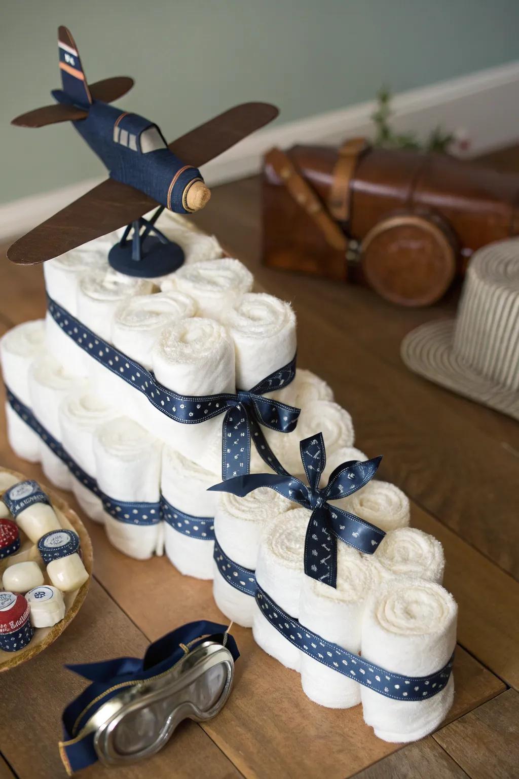 Soar into style with this exquisite airplane diaper cake, crafted for the little aviator in your life.