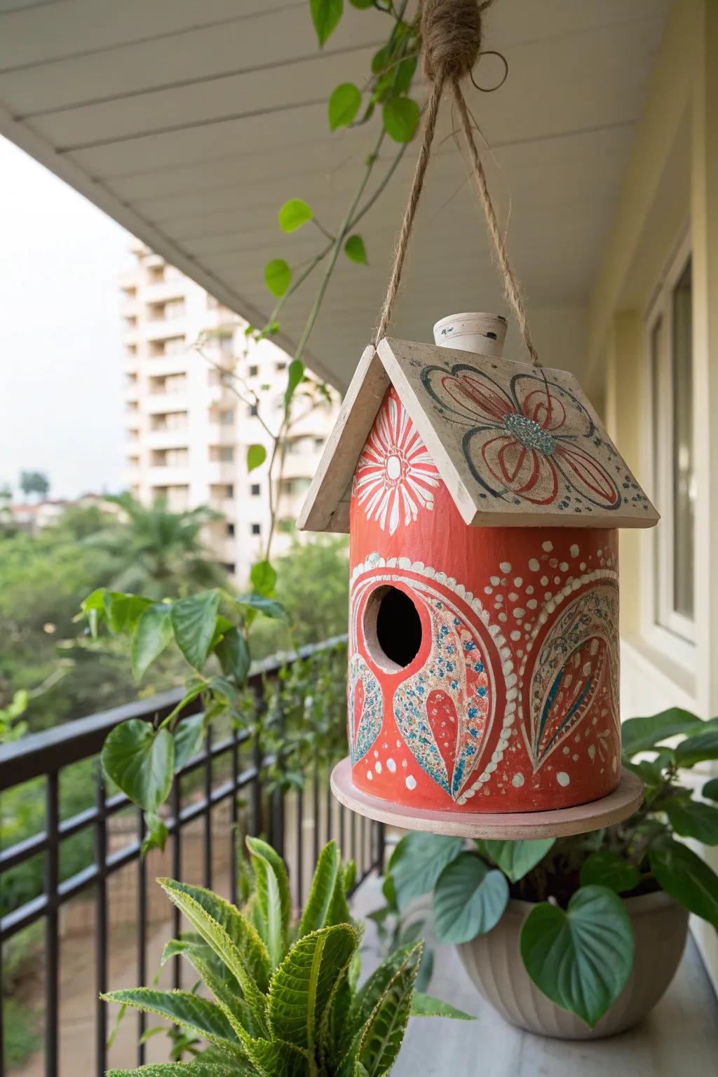 Transform your balcony into a bird paradise with this charming upcycled juice jug birdhouse, where minimalist elegance meets bold Boho artistry.