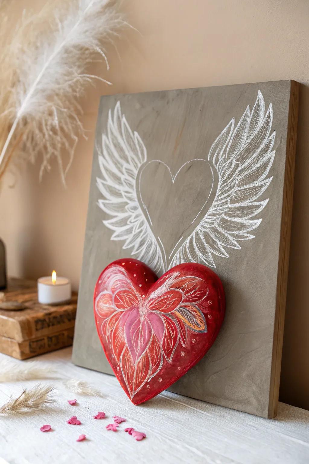 Let your love take flight with this enchanting flying heart design. Perfect for a dreamy Valentine's touch.