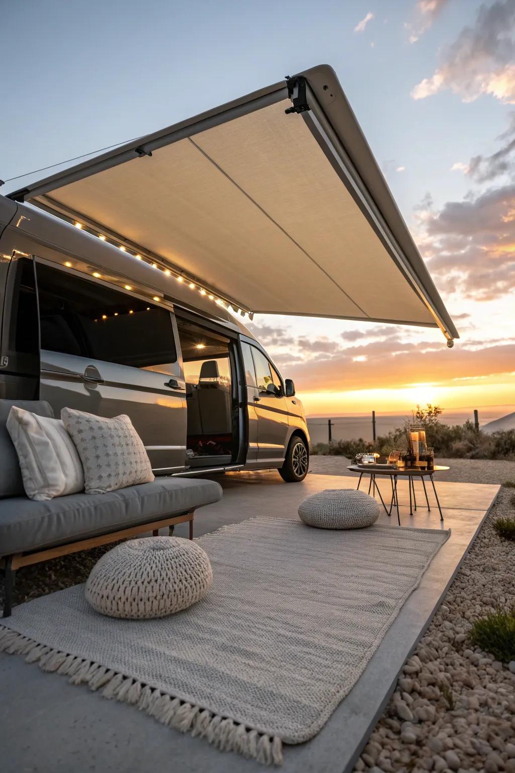 Transform your van into a cozy retreat with a stylish retractable awning, perfect for sunset relaxation.