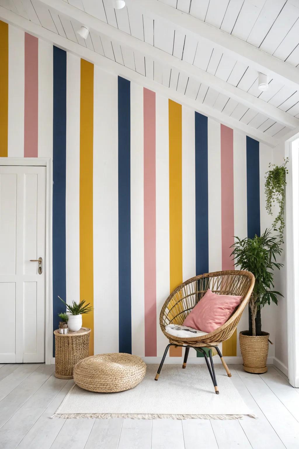 Elevate your space with vertical stripes that seamlessly continue onto the ceiling, creating a haven for inspiration and creativity. #ScandiBoho #InteriorInspiration