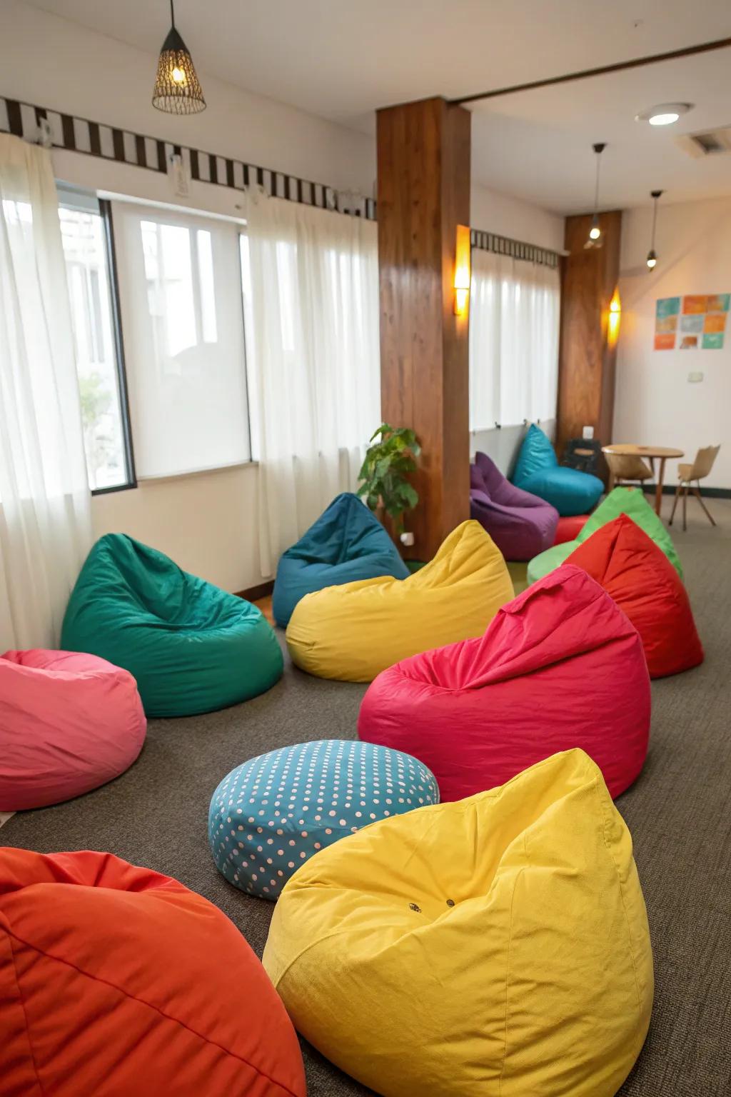 Bean bags offer comfort and a casual vibe.