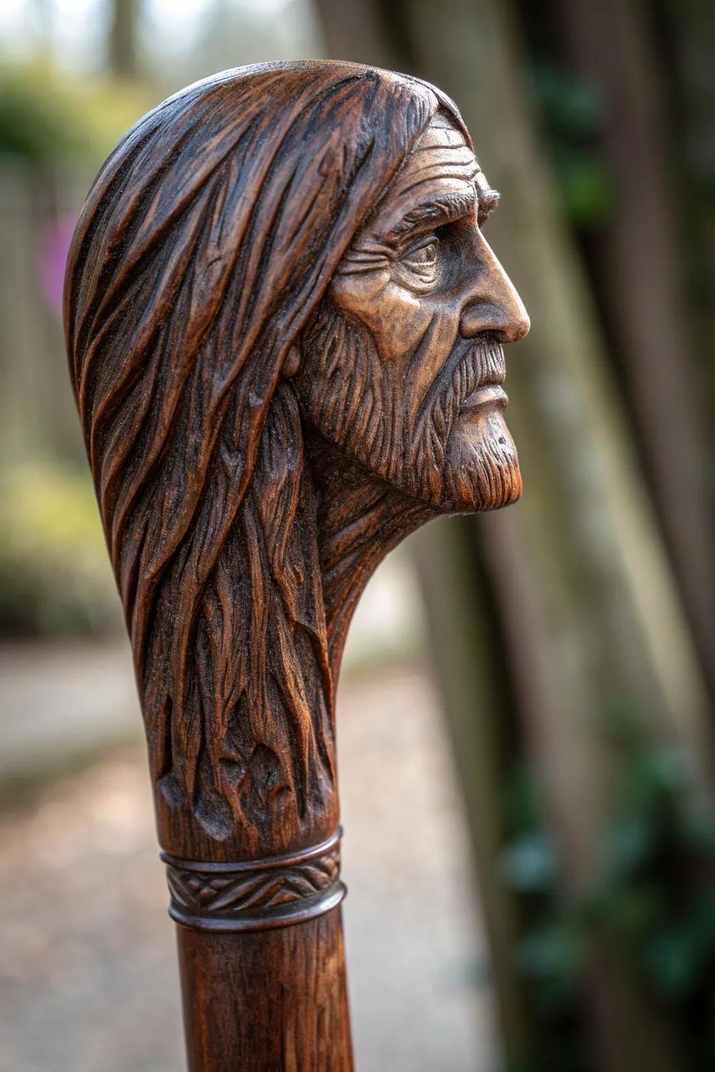 Embrace the mystique: A masterfully carved wood spirit walking stick.