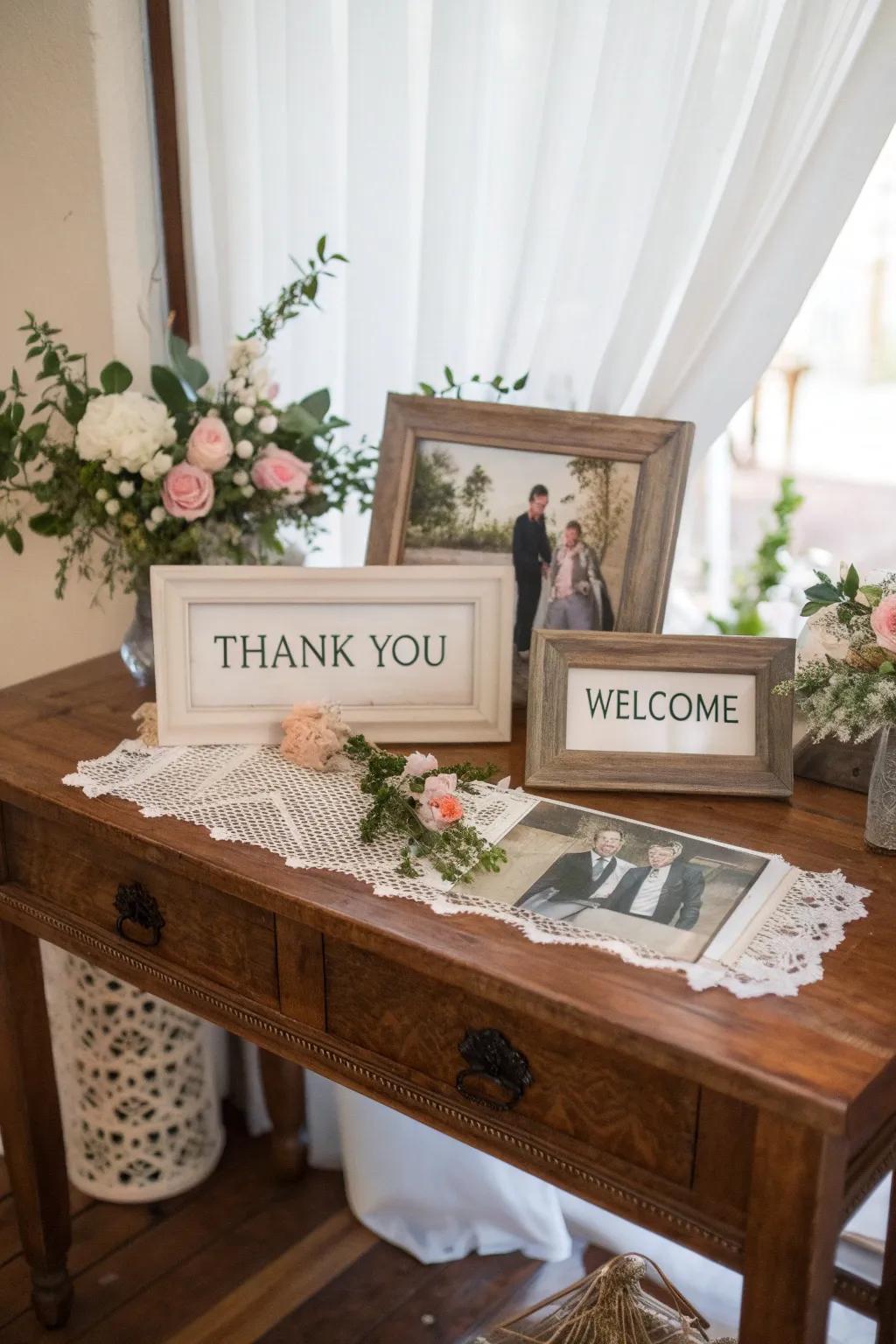 Combine gratitude and memories with thank you and welcome signs in your display.